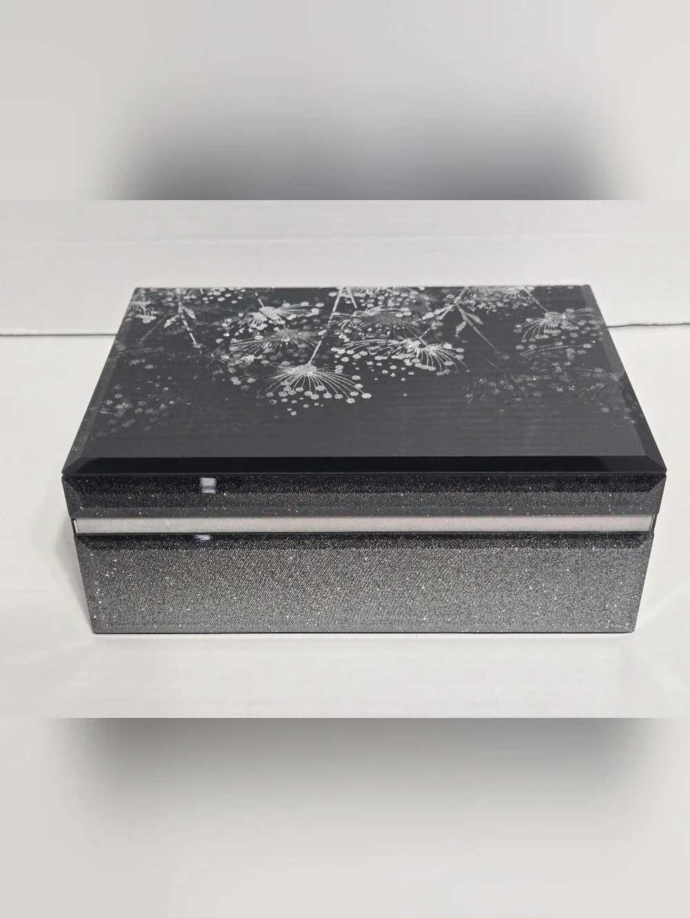 Palinna Dandelion Glass Jewelry Box Black Silver Velvet Organizer New In Box